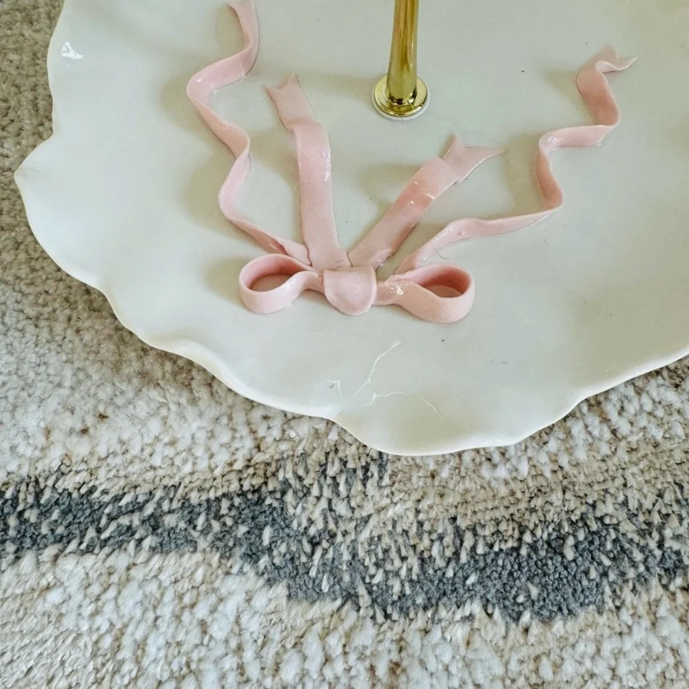 Pink Bow Two-Tier white Ceramic Tray with Gold accents